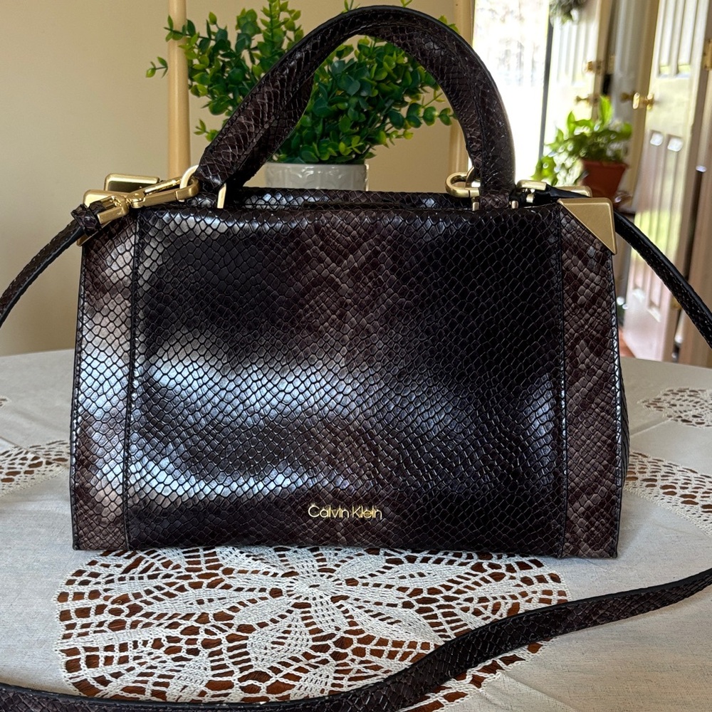 Calvin Klein Dark Brown Snake Print Satchel